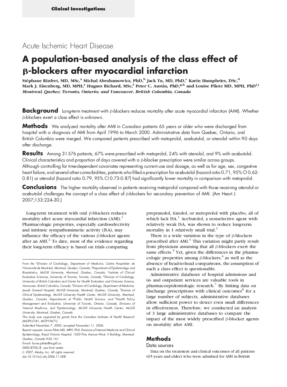 A population-based analysis of the class effect of β-blockers after myocardial infarction 