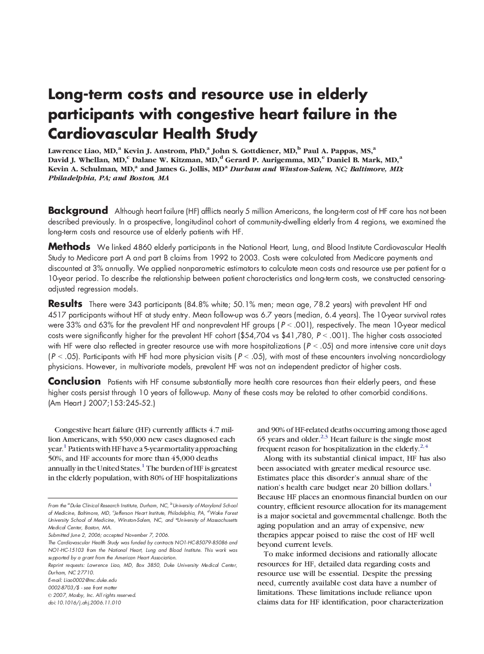 Long-term costs and resource use in elderly participants with congestive heart failure in the Cardiovascular Health Study 