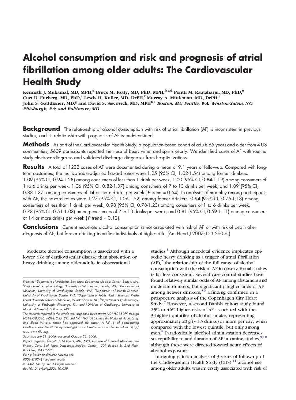 Alcohol consumption and risk and prognosis of atrial fibrillation among older adults: The Cardiovascular Health Study 
