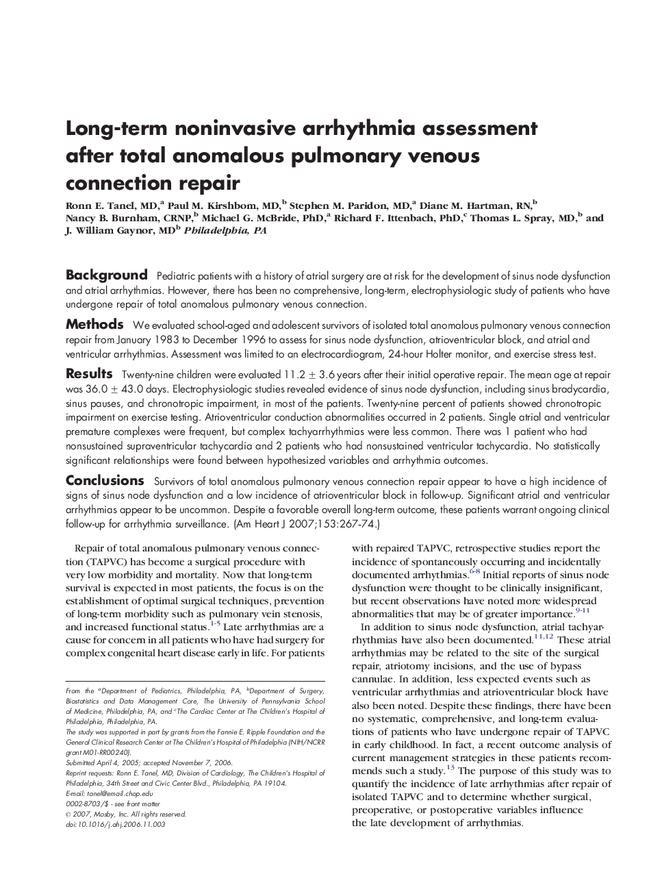 Long-term noninvasive arrhythmia assessment after total anomalous pulmonary venous connection repair