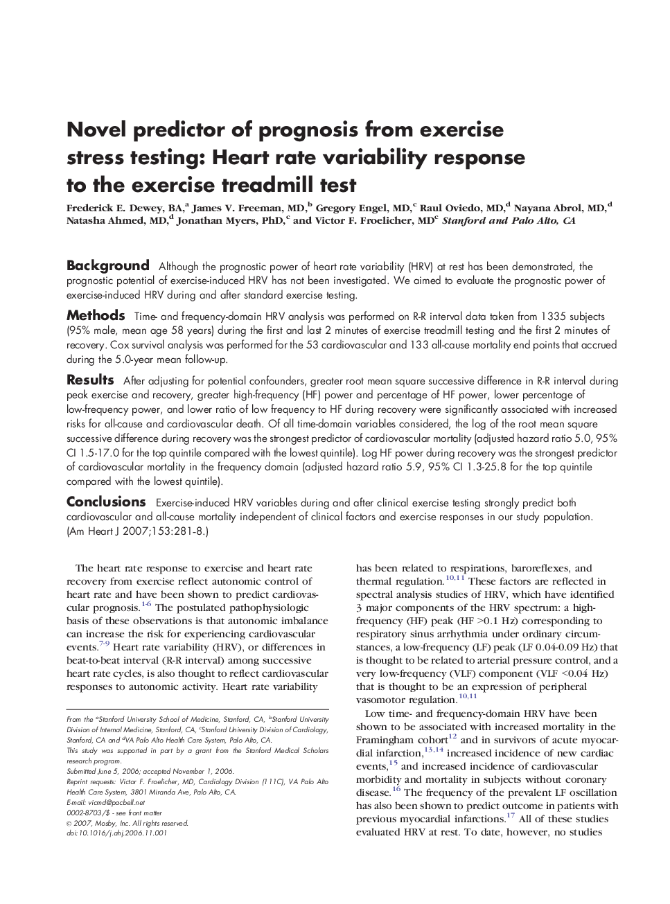 Novel predictor of prognosis from exercise stress testing: Heart rate variability response to the exercise treadmill test 