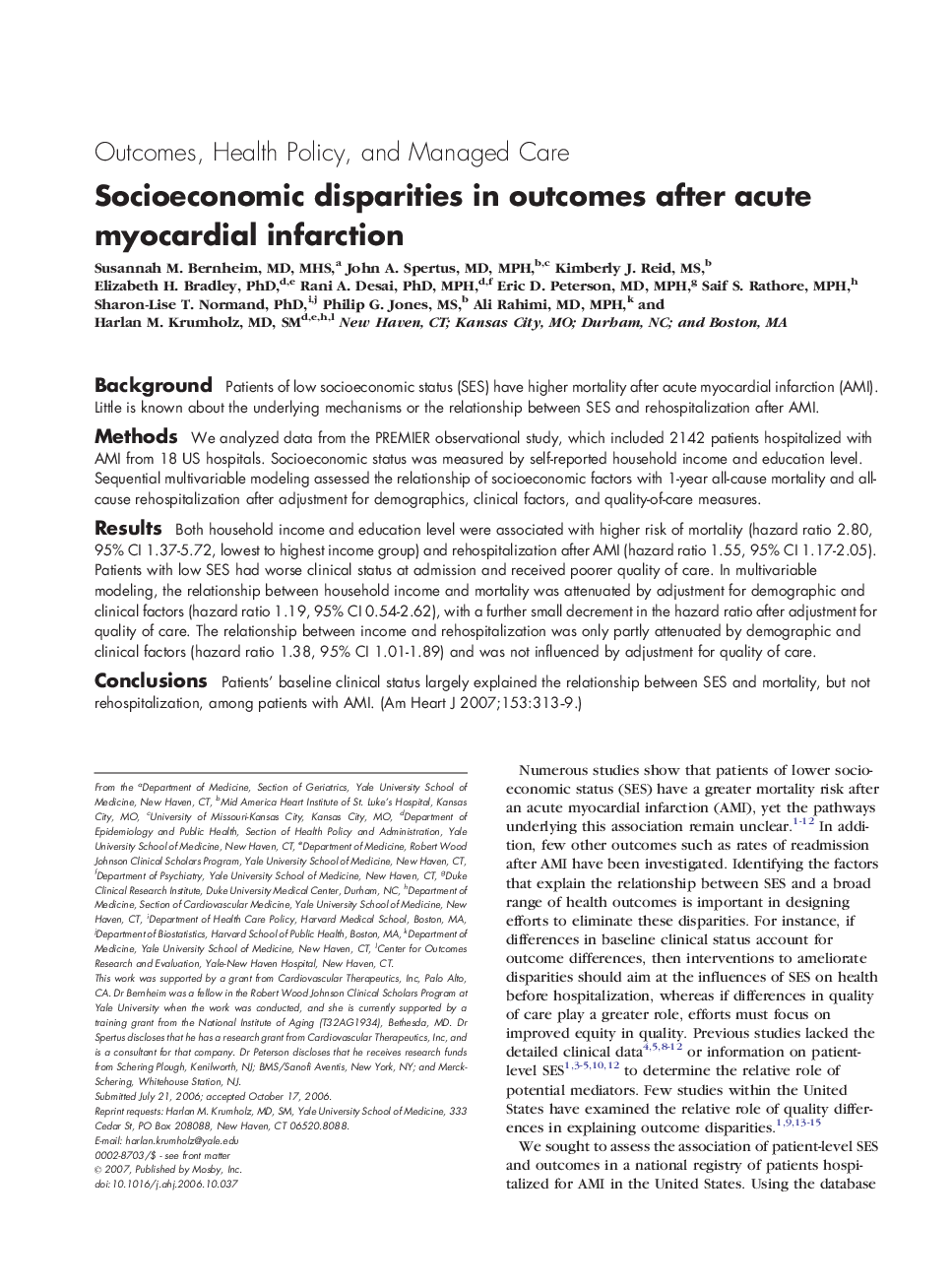 Socioeconomic disparities in outcomes after acute myocardial infarction 
