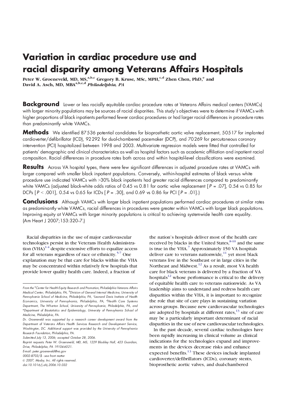 Variation in cardiac procedure use and racial disparity among Veterans Affairs Hospitals 