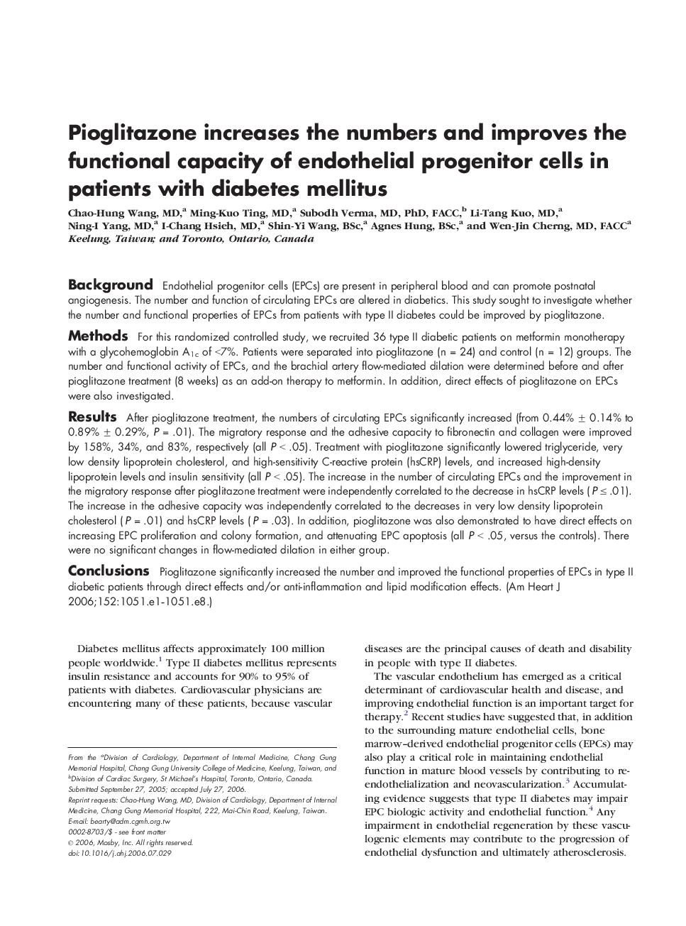 Pioglitazone increases the numbers and improves the functional capacity of endothelial progenitor cells in patients with diabetes mellitus