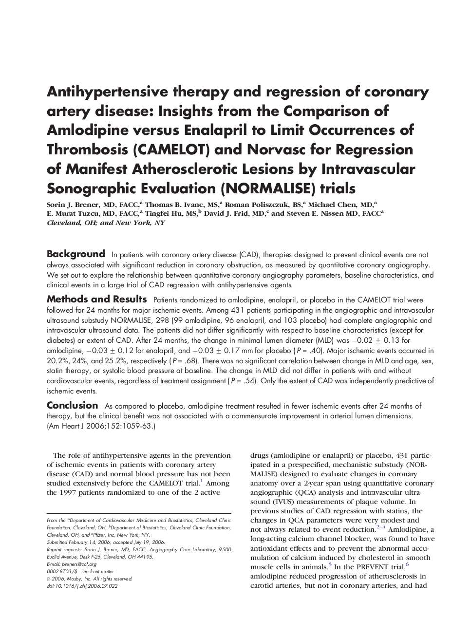 Antihypertensive therapy and regression of coronary artery disease: Insights from the Comparison of Amlodipine versus Enalapril to Limit Occurrences of Thrombosis (CAMELOT) and Norvasc for Regression of Manifest Atherosclerotic Lesions by Intravascular So