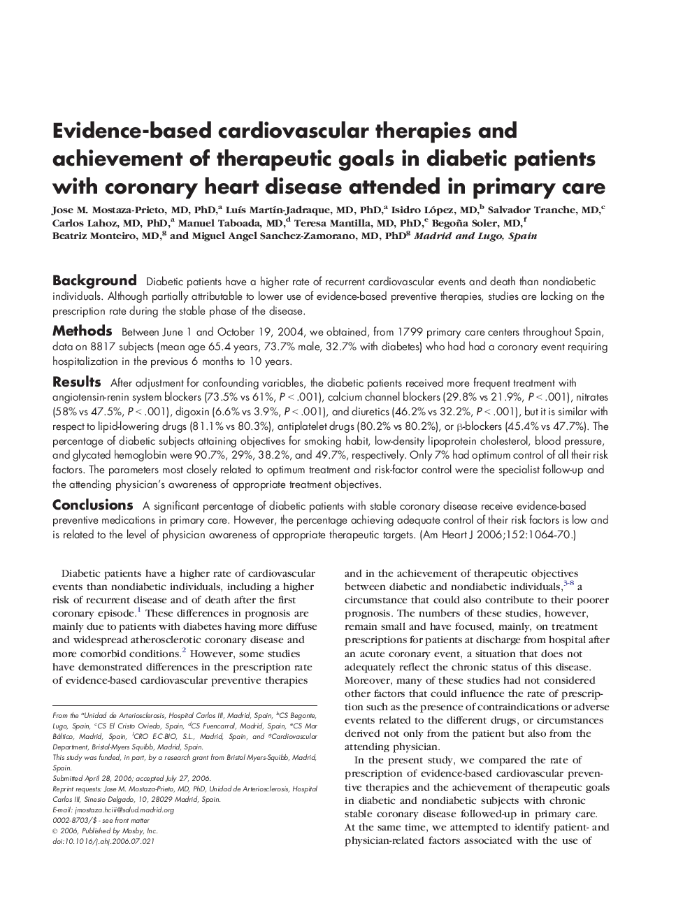 Evidence-based cardiovascular therapies and achievement of therapeutic goals in diabetic patients with coronary heart disease attended in primary care 