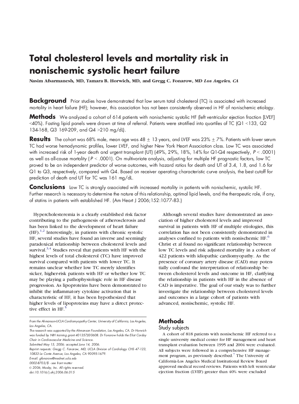 Total cholesterol levels and mortality risk in nonischemic systolic heart failure 