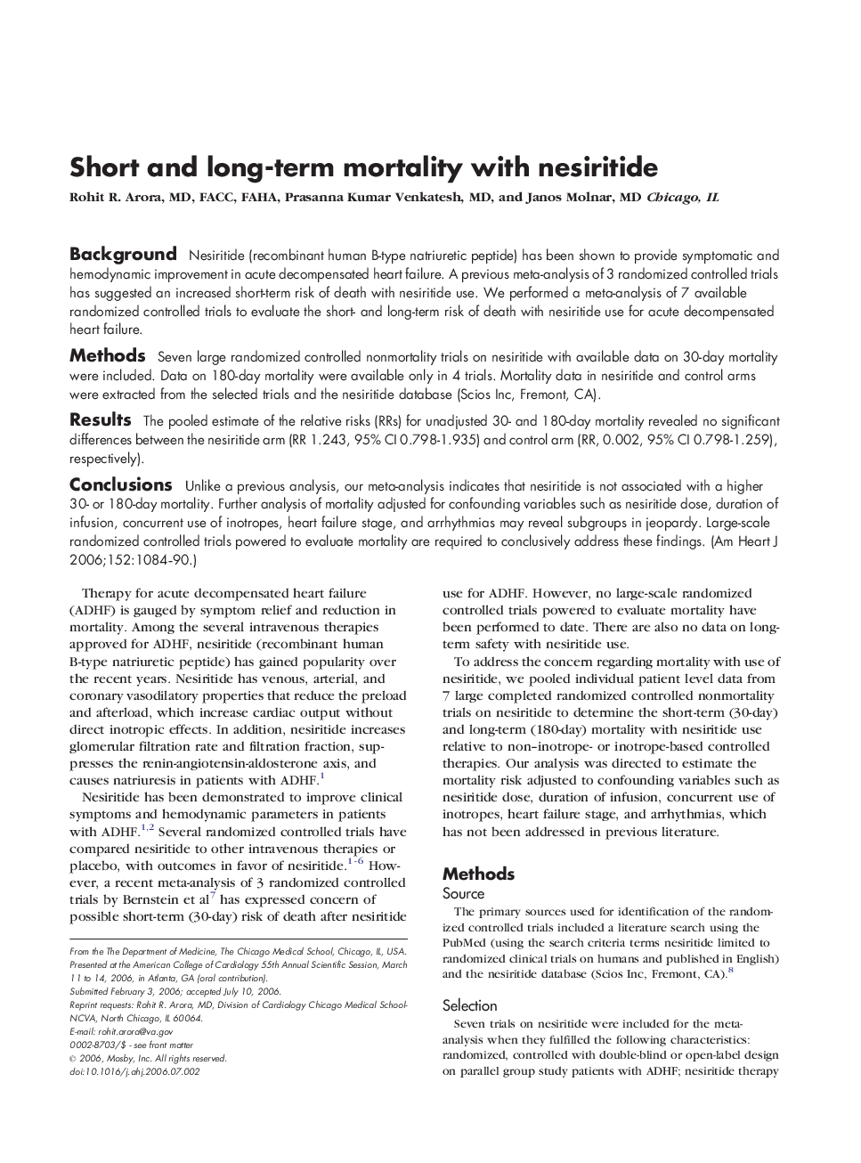 Short and long-term mortality with nesiritide