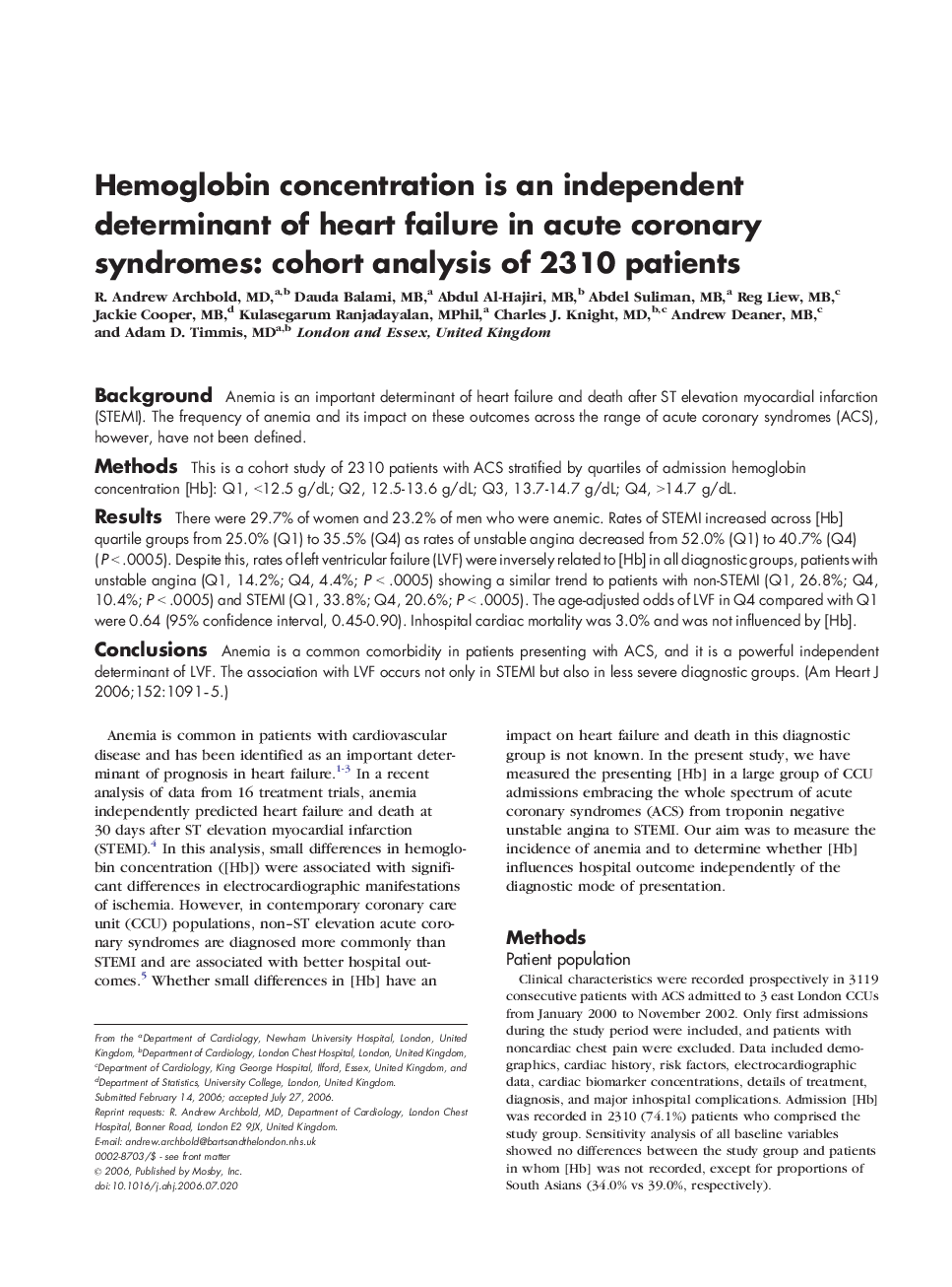 Hemoglobin concentration is an independent determinant of heart failure in acute coronary syndromes: cohort analysis of 2310 patients