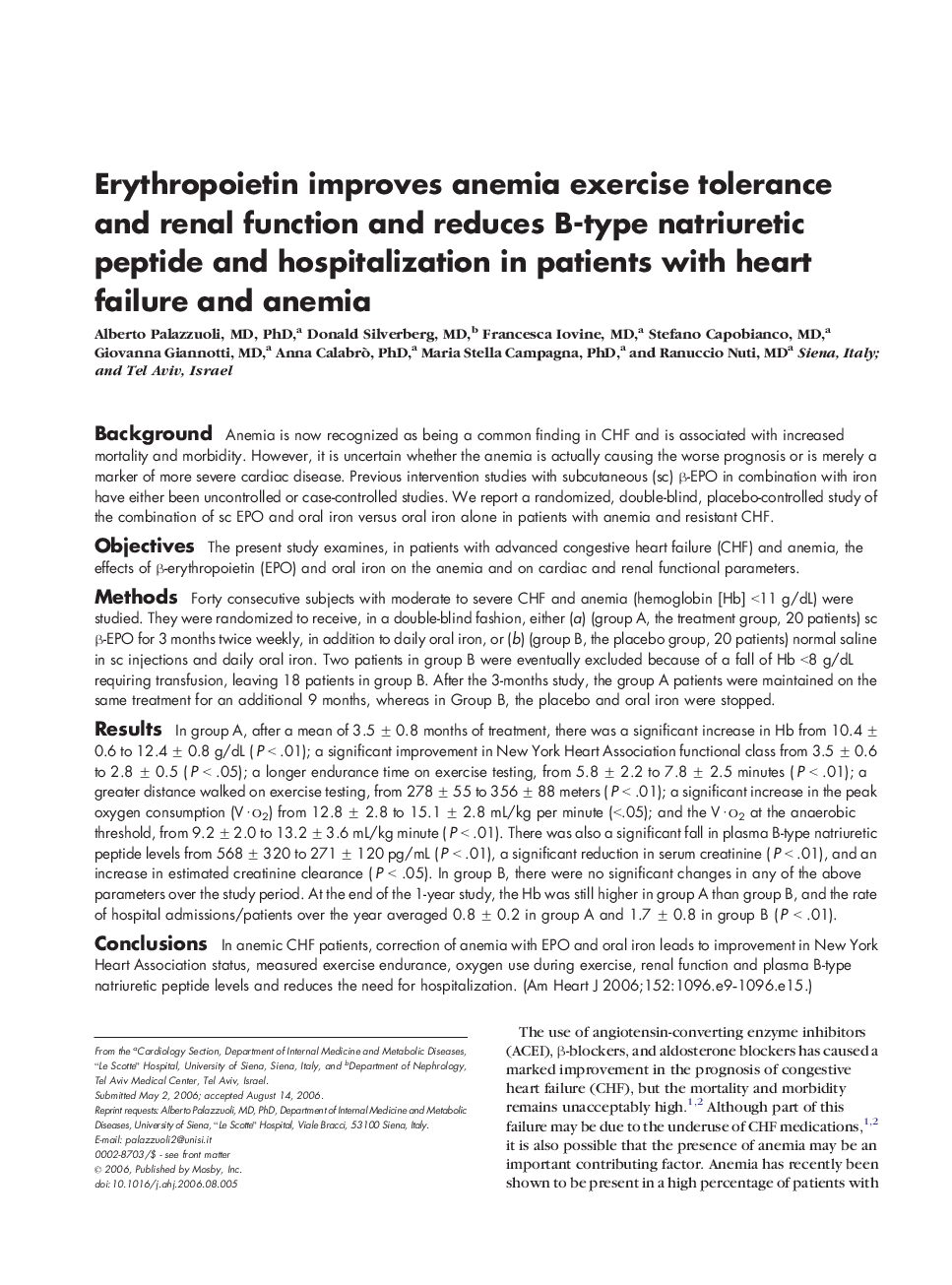 Erythropoietin improves anemia exercise tolerance and renal function and reduces B-type natriuretic peptide and hospitalization in patients with heart failure and anemia