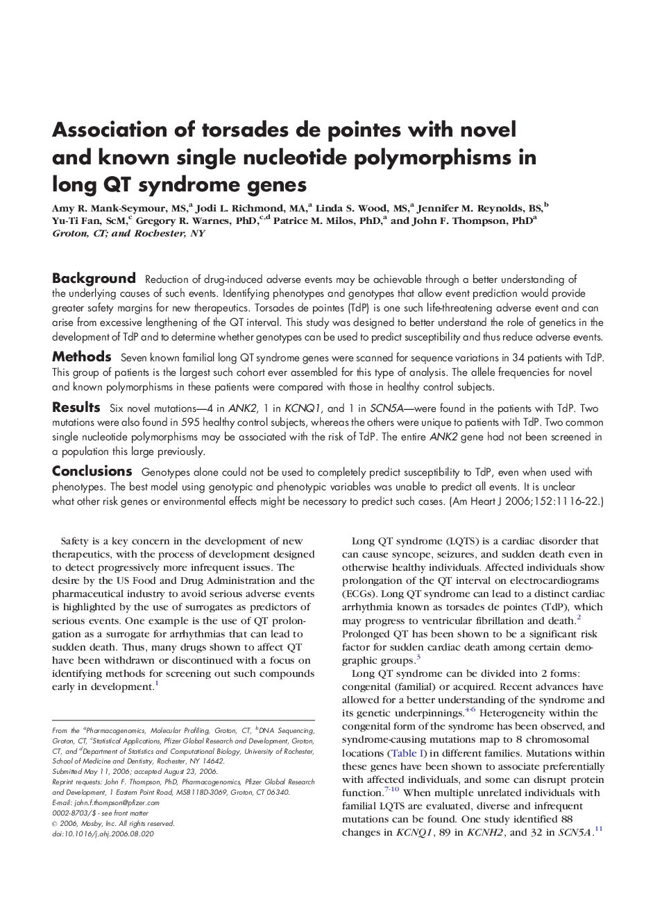 Association of torsades de pointes with novel and known single nucleotide polymorphisms in long QT syndrome genes