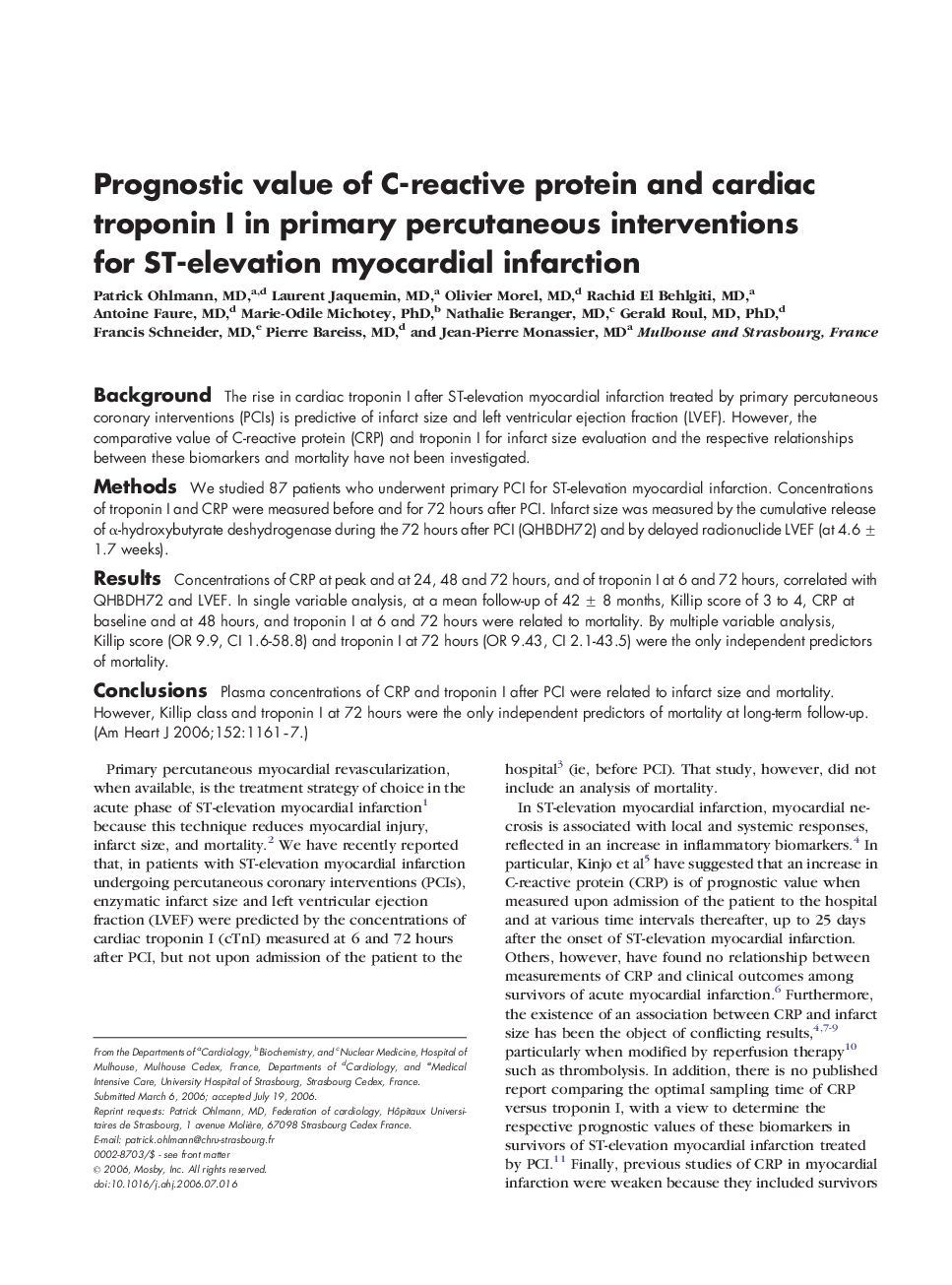 Prognostic value of C-reactive protein and cardiac troponin I in primary percutaneous interventions for ST-elevation myocardial infarction