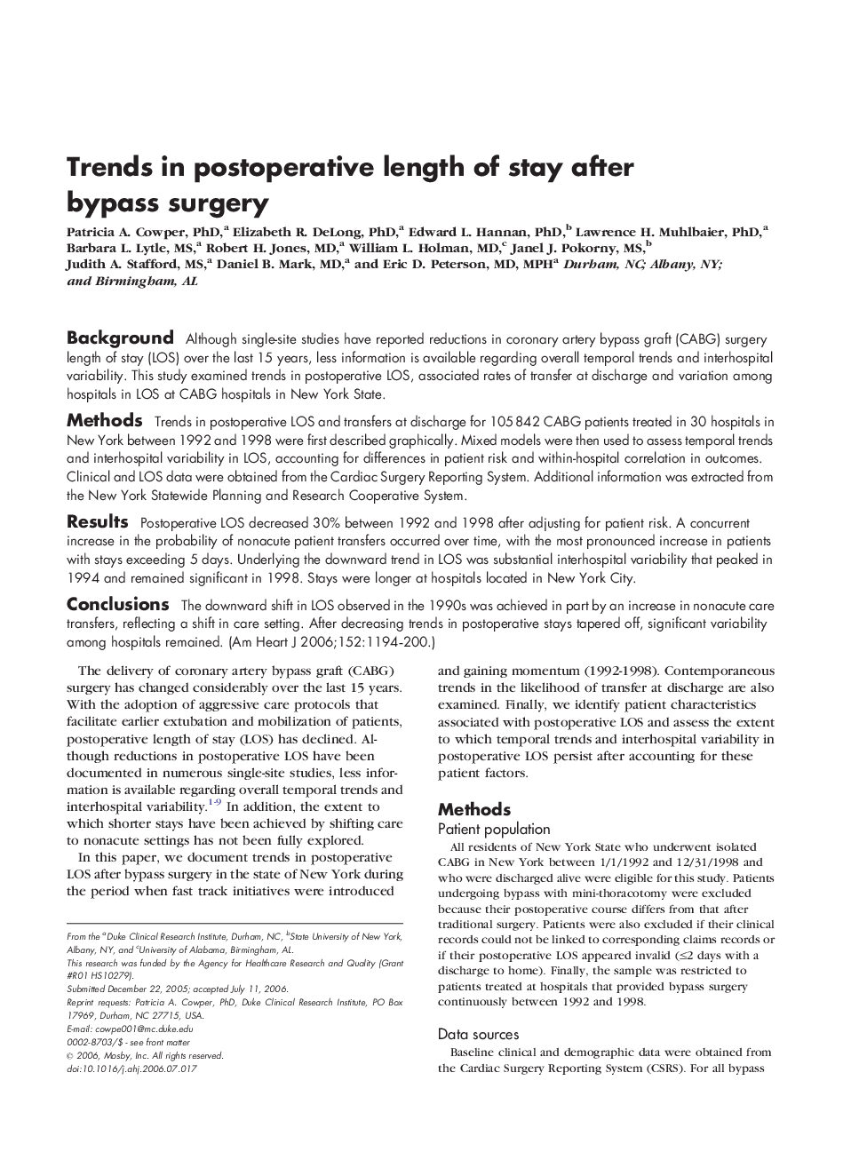 Trends in postoperative length of stay after bypass surgery