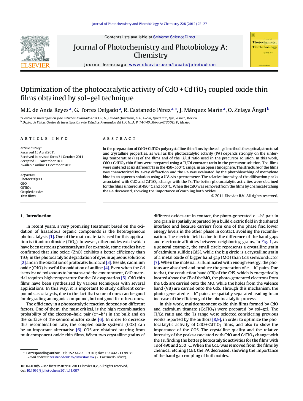 Optimization of the photocatalytic activity of CdO + CdTiO3 coupled oxide thin films obtained by sol–gel technique