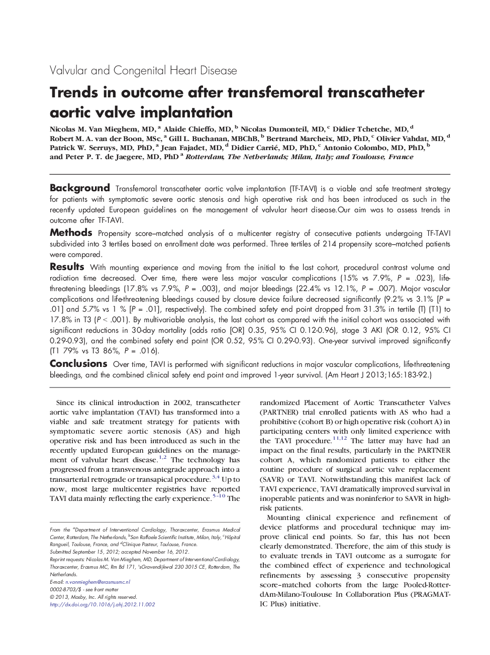 Trends in outcome after transfemoral transcatheter aortic valve implantation