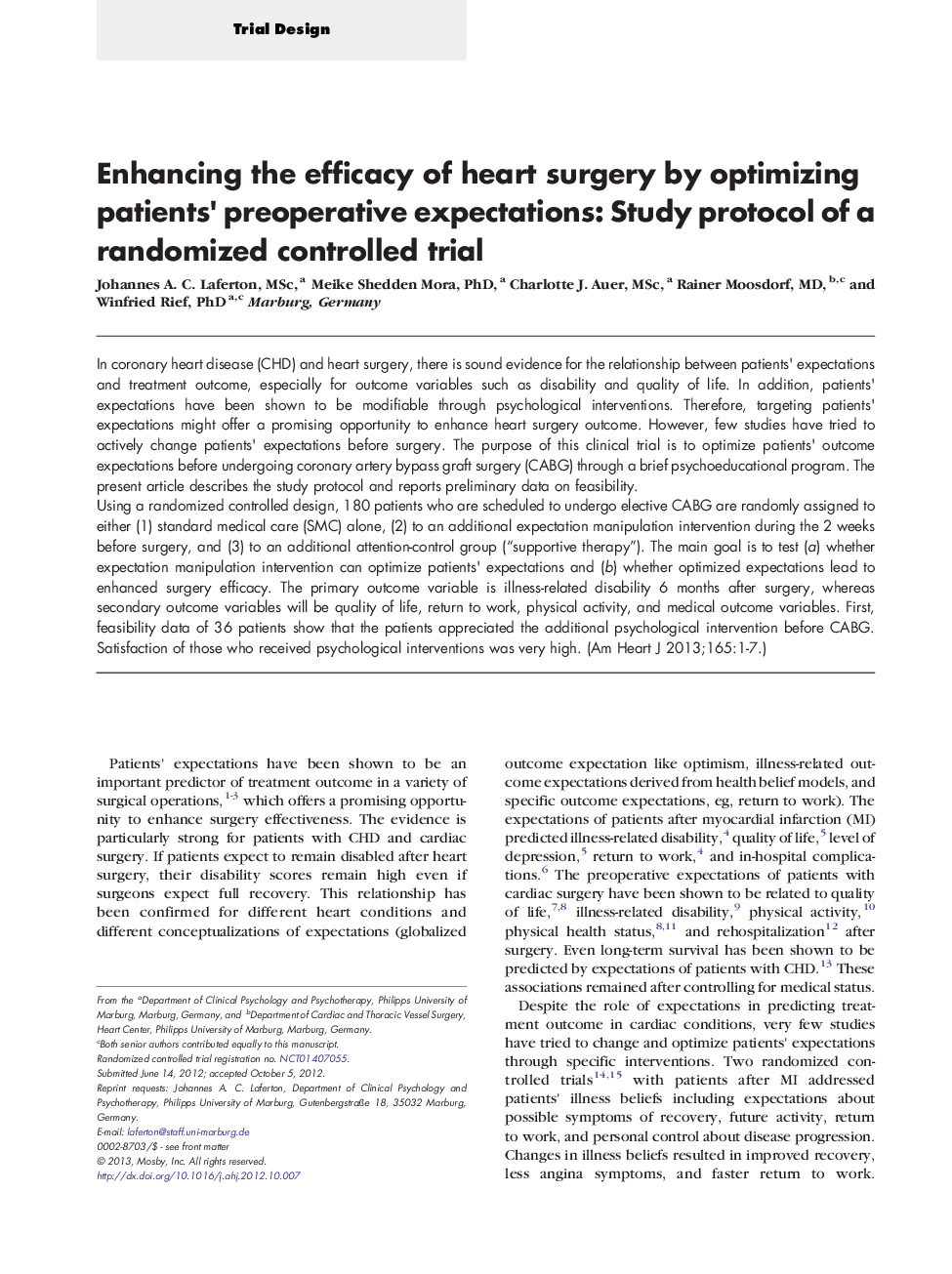 Enhancing the efficacy of heart surgery by optimizing patients' preoperative expectations: Study protocol of a randomized controlled trial 