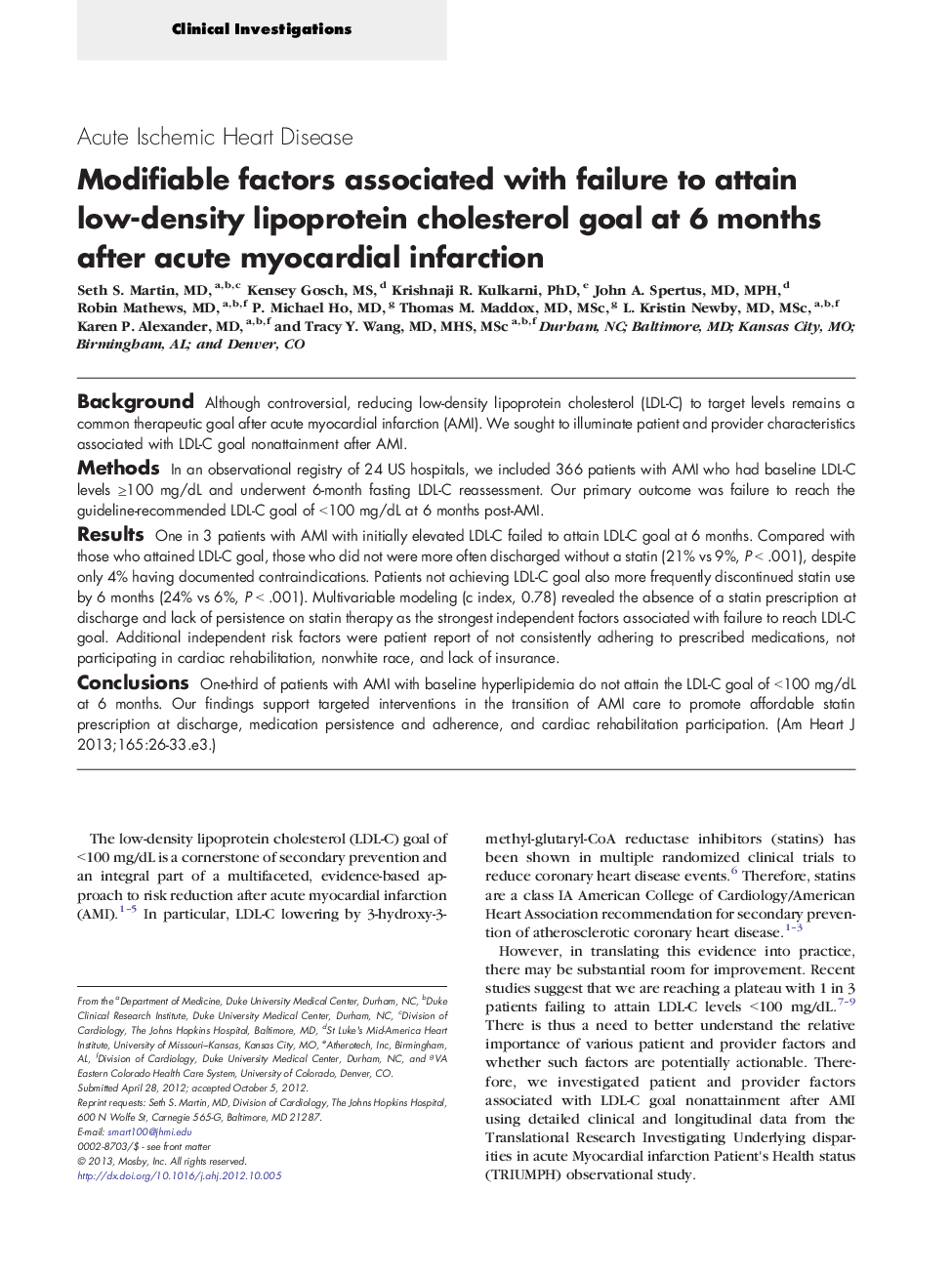 Modifiable factors associated with failure to attain low-density lipoprotein cholesterol goal at 6 months after acute myocardial infarction