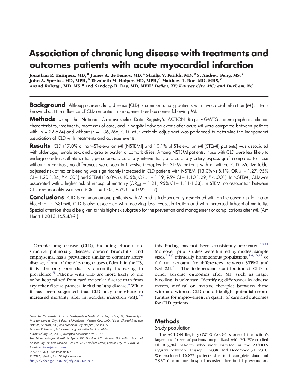 Association of chronic lung disease with treatments and outcomes patients with acute myocardial infarction 
