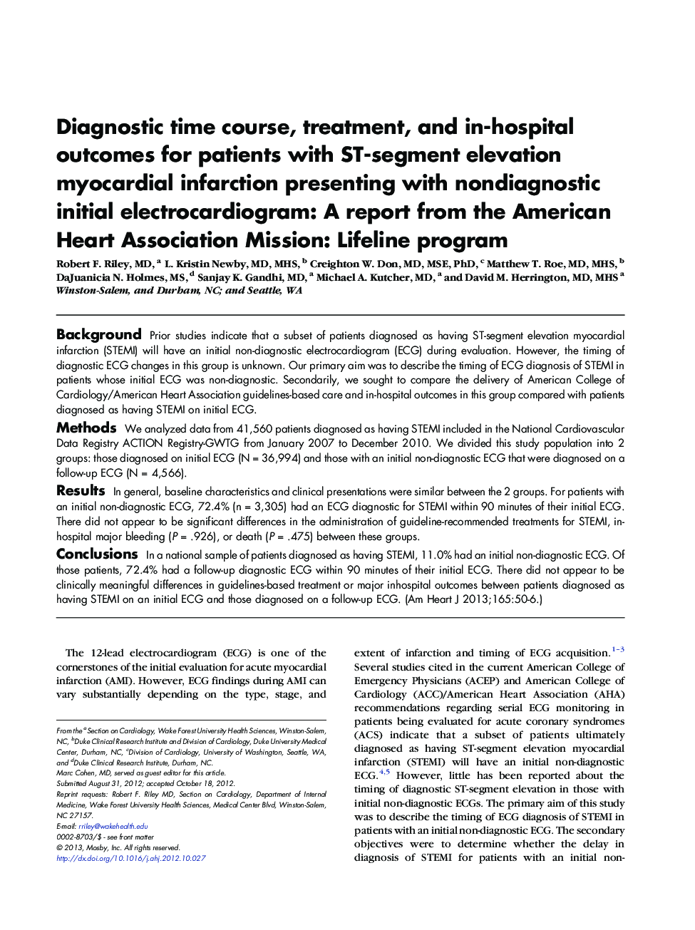 Diagnostic time course, treatment, and in-hospital outcomes for patients with ST-segment elevation myocardial infarction presenting with nondiagnostic initial electrocardiogram: A report from the American Heart Association Mission: Lifeline program 