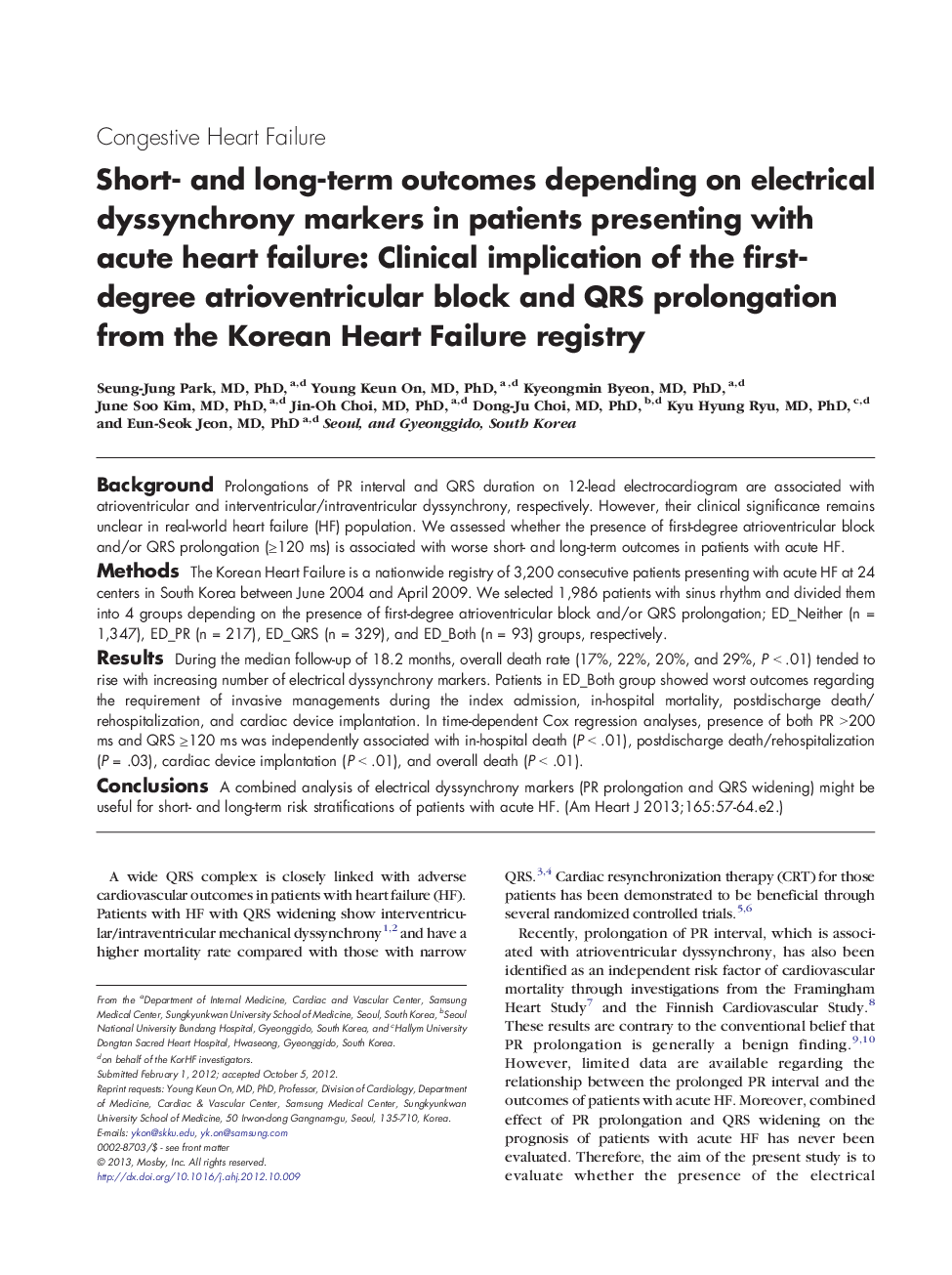 Short- and long-term outcomes depending on electrical dyssynchrony markers in patients presenting with acute heart failure