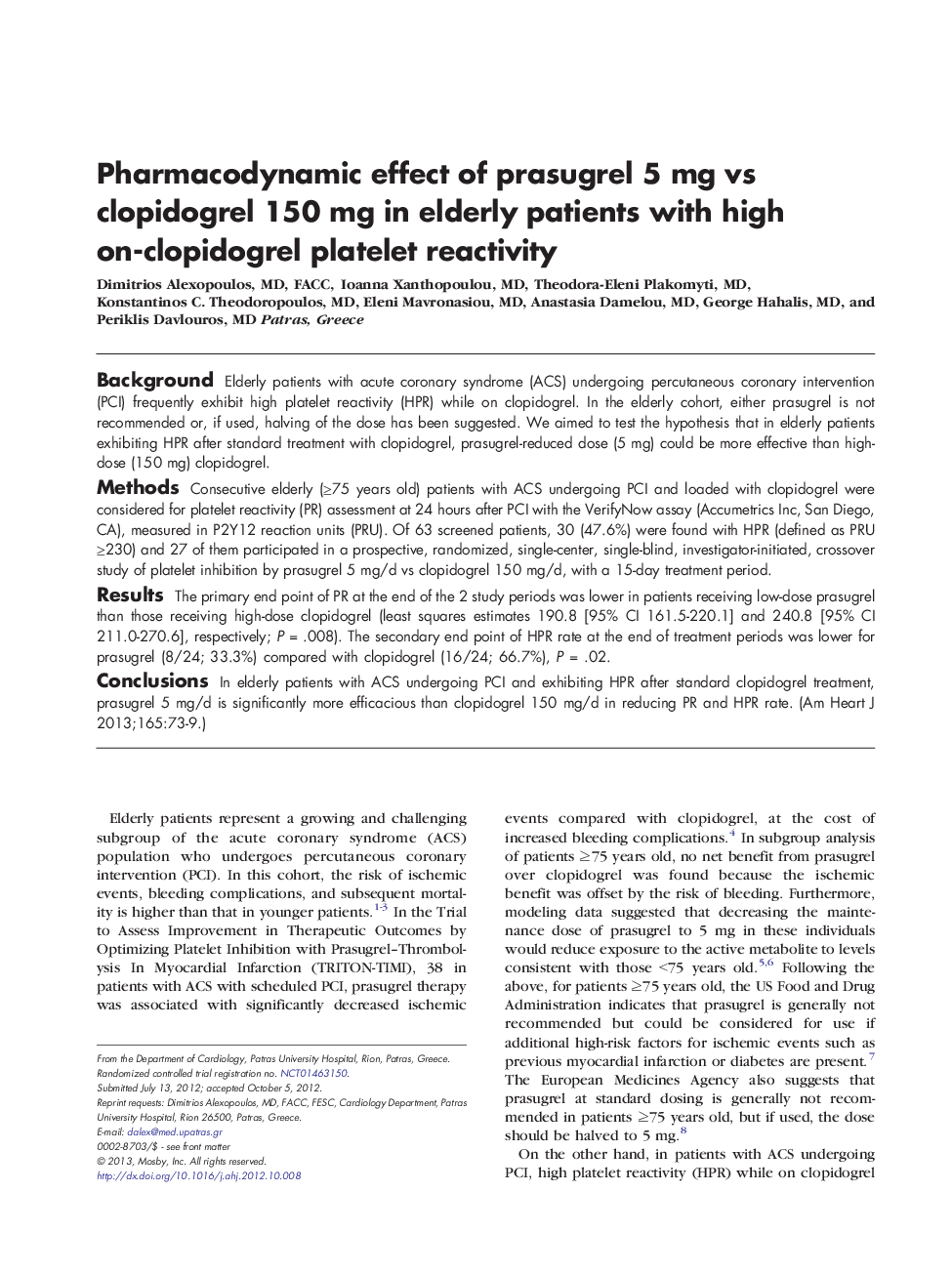 Pharmacodynamic effect of prasugrel 5 mg vs clopidogrel 150 mg in elderly patients with high on-clopidogrel platelet reactivity 