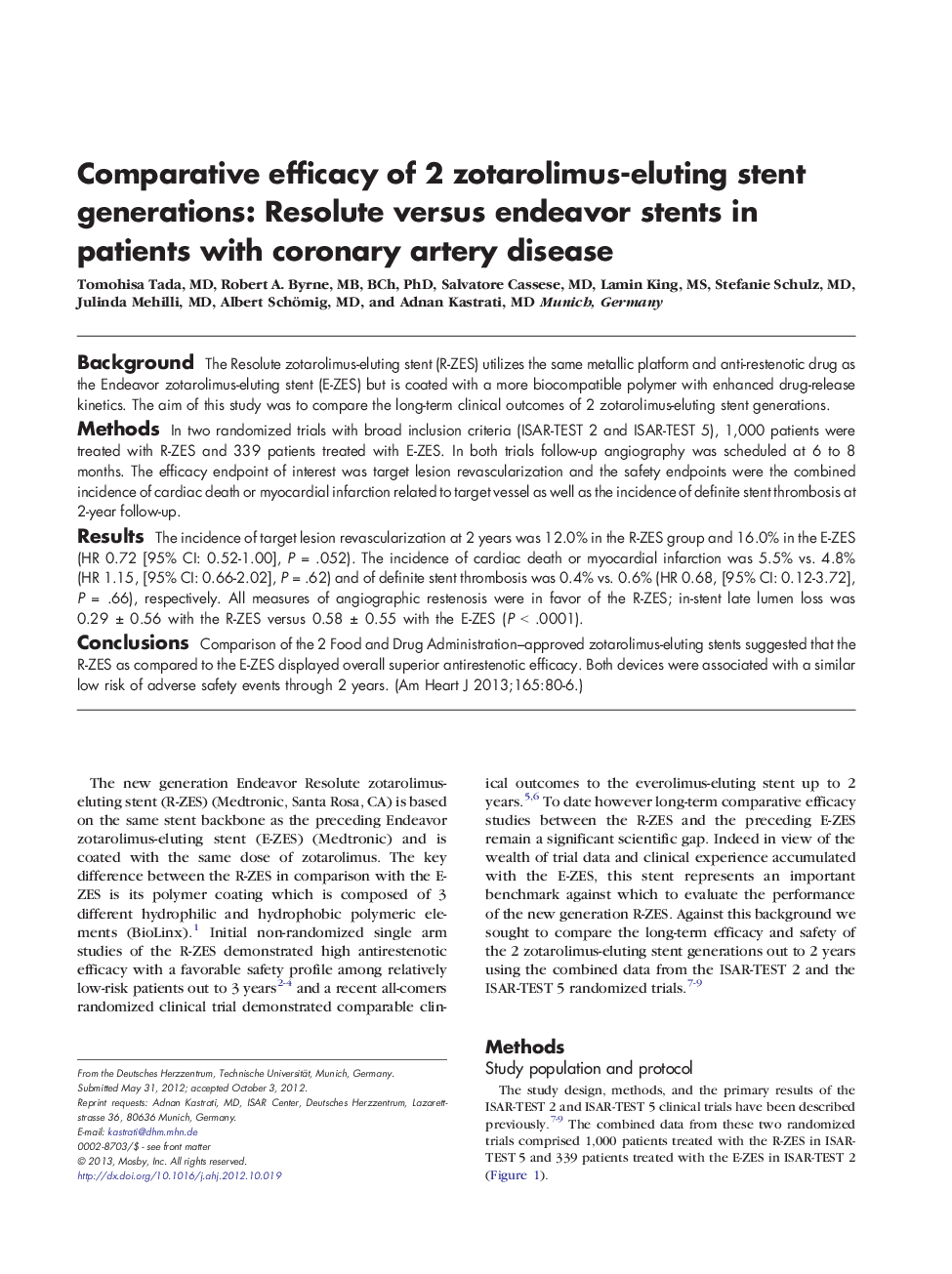 Comparative efficacy of 2 zotarolimus-eluting stent generations: Resolute versus endeavor stents in patients with coronary artery disease