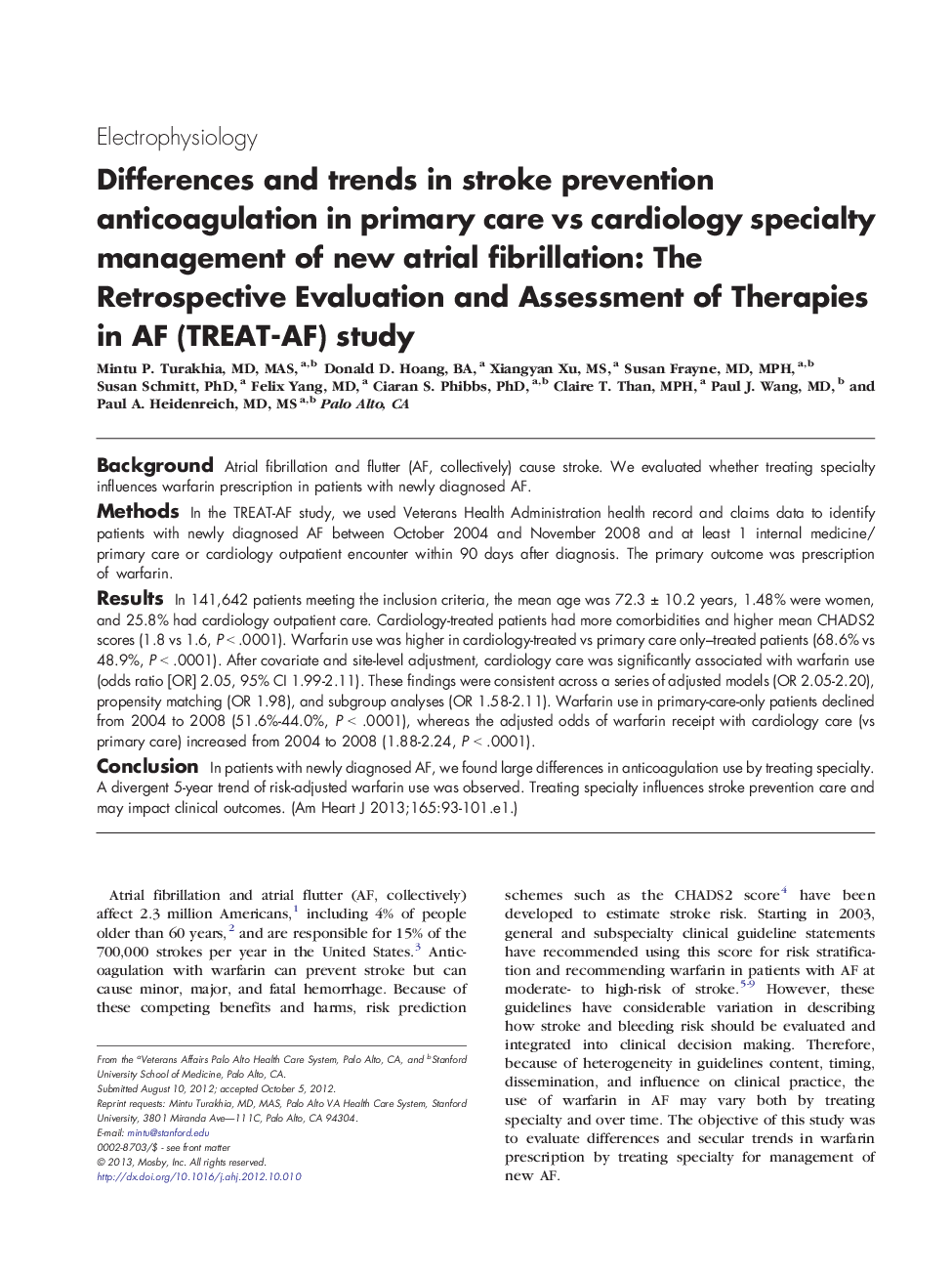 Differences and trends in stroke prevention anticoagulation in primary care vs cardiology specialty management of new atrial fibrillation: The Retrospective Evaluation and Assessment of Therapies in AF (TREAT-AF) study