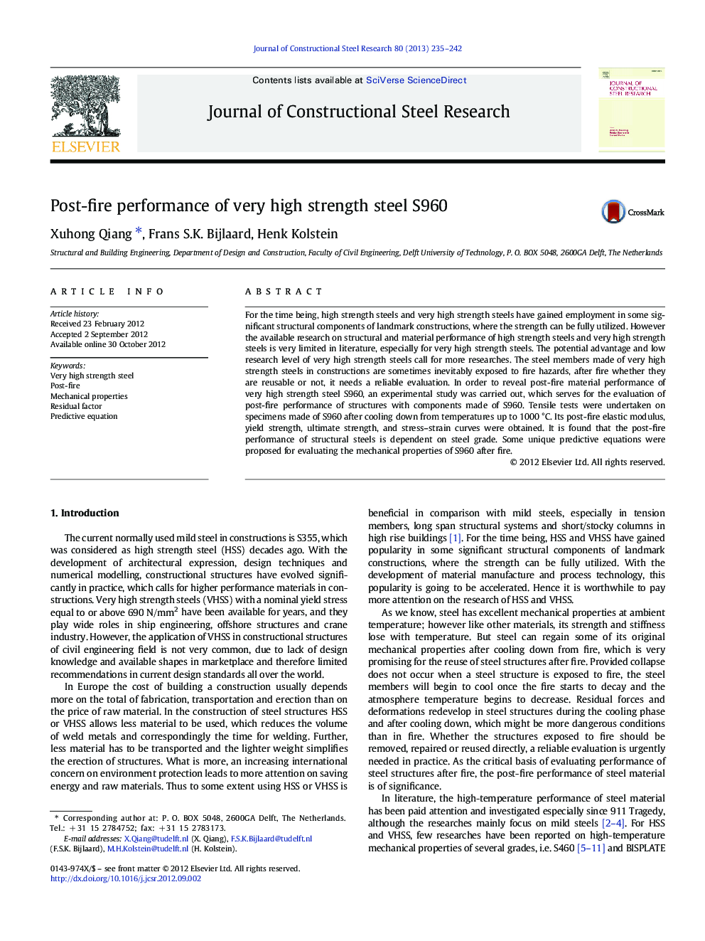 Post-fire performance of very high strength steel S960