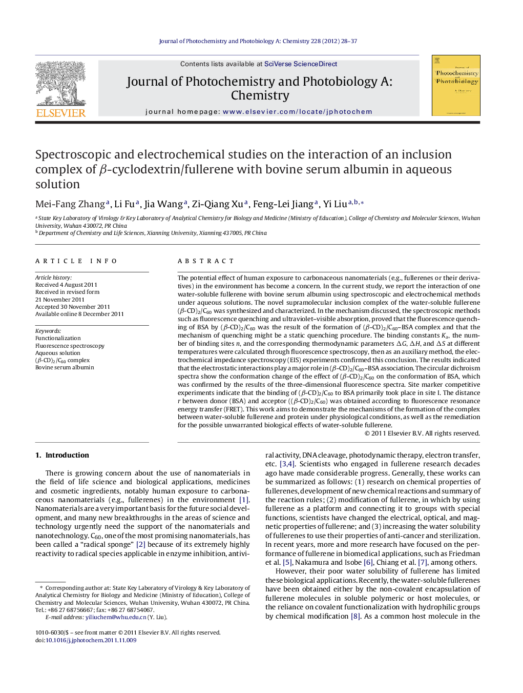 Spectroscopic and electrochemical studies on the interaction of an inclusion complex of β-cyclodextrin/fullerene with bovine serum albumin in aqueous solution