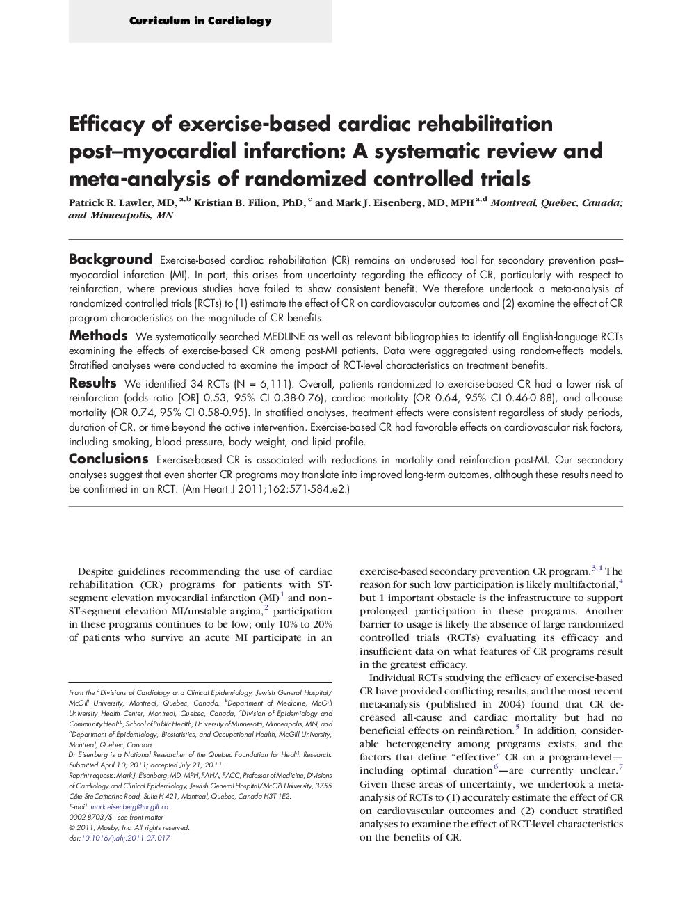 Efficacy of exercise-based cardiac rehabilitation post-myocardial infarction: A systematic review and meta-analysis of randomized controlled trials