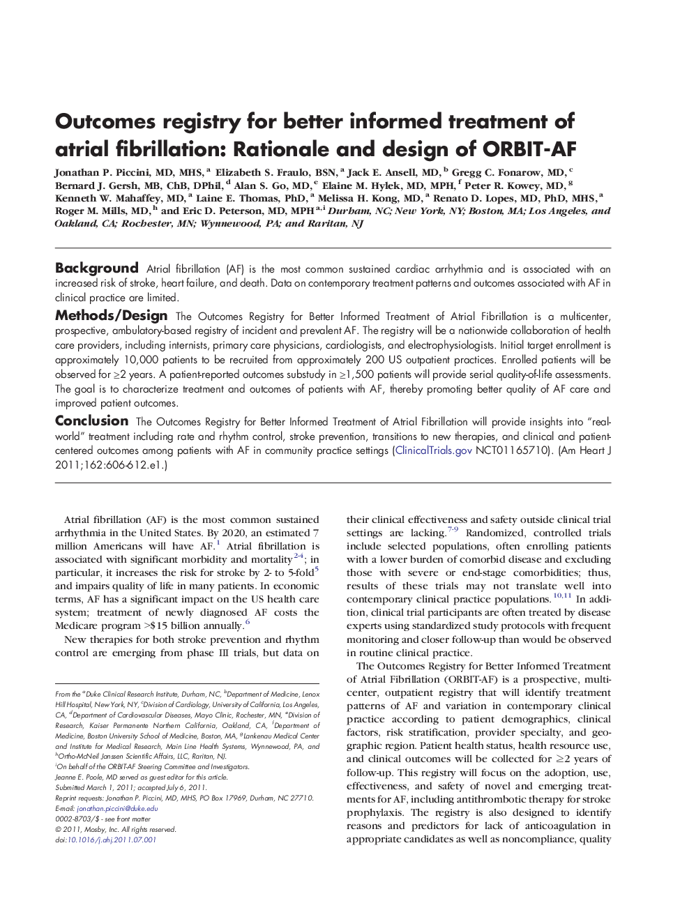 Outcomes registry for better informed treatment of atrial fibrillation: Rationale and design of ORBIT-AF