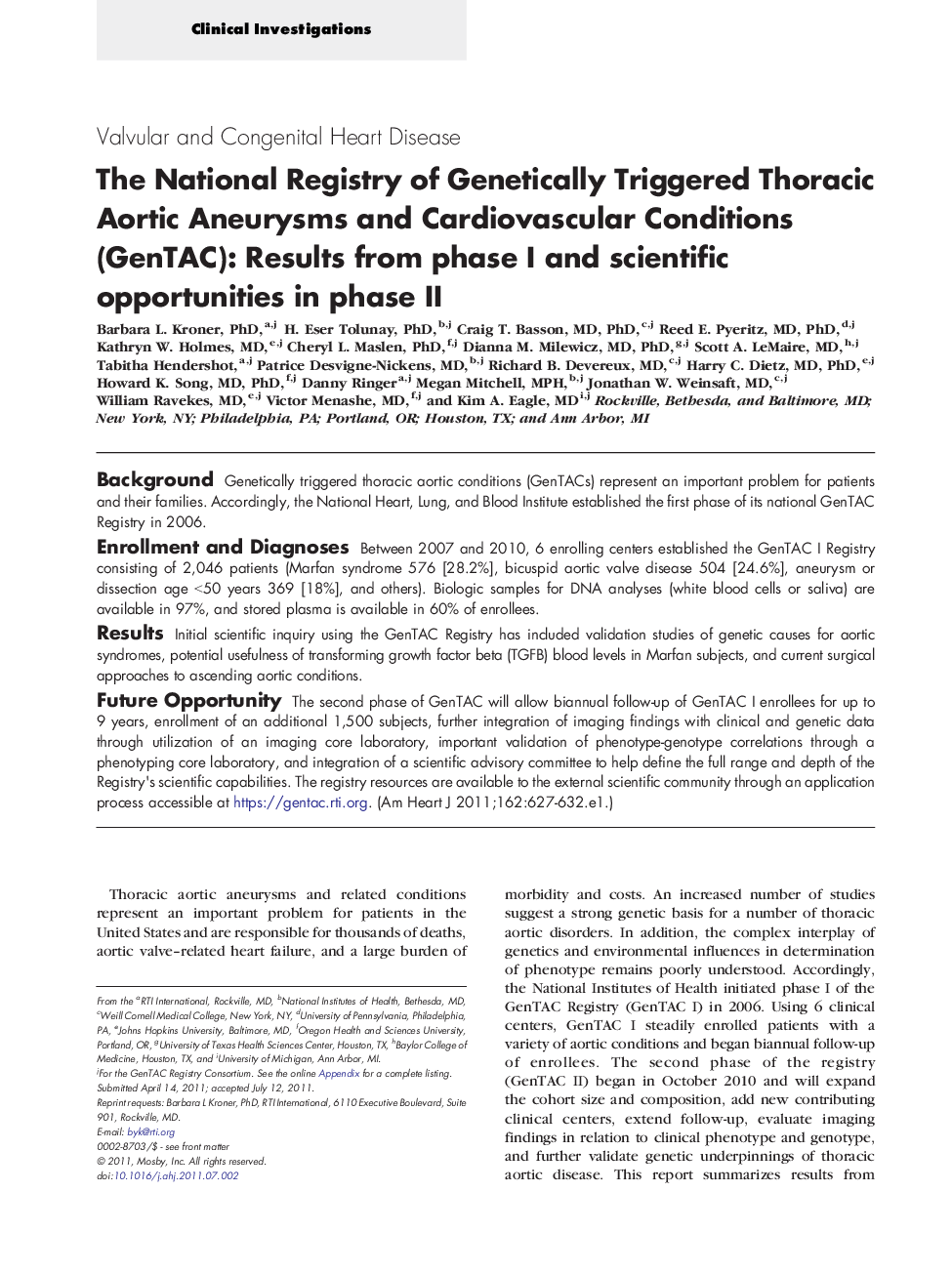 The National Registry of Genetically Triggered Thoracic Aortic Aneurysms and Cardiovascular Conditions (GenTAC): Results from phase I and scientific opportunities in phase II