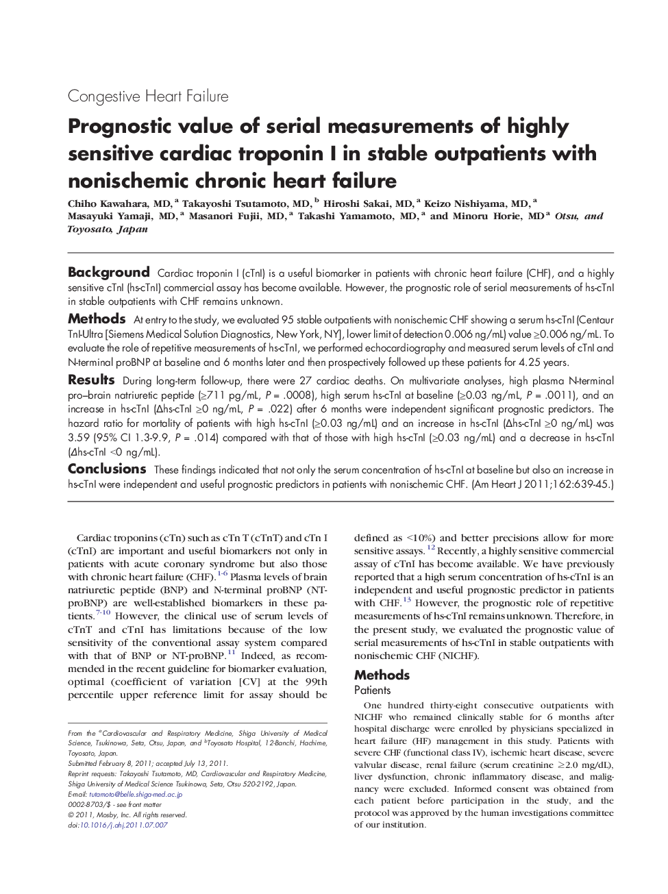 Prognostic value of serial measurements of highly sensitive cardiac troponin I in stable outpatients with nonischemic chronic heart failure