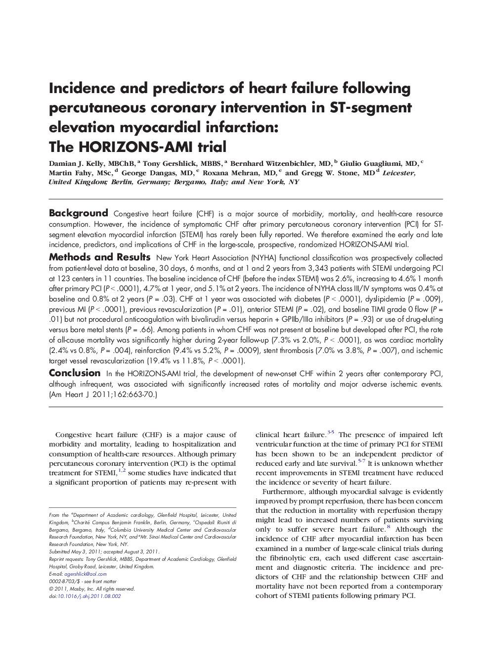 Incidence and predictors of heart failure following percutaneous coronary intervention in ST-segment elevation myocardial infarction: The HORIZONS-AMI trial