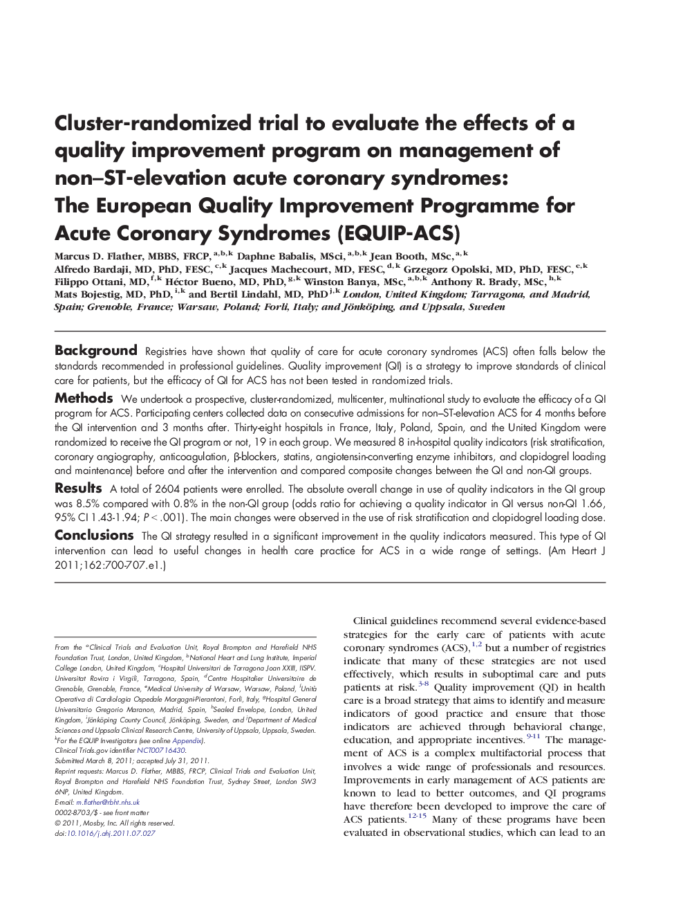 Cluster-randomized trial to evaluate the effects of a quality improvement program on management of non-ST-elevation acute coronary syndromes: The European Quality Improvement Programme for Acute Coronary Syndromes (EQUIP-ACS)