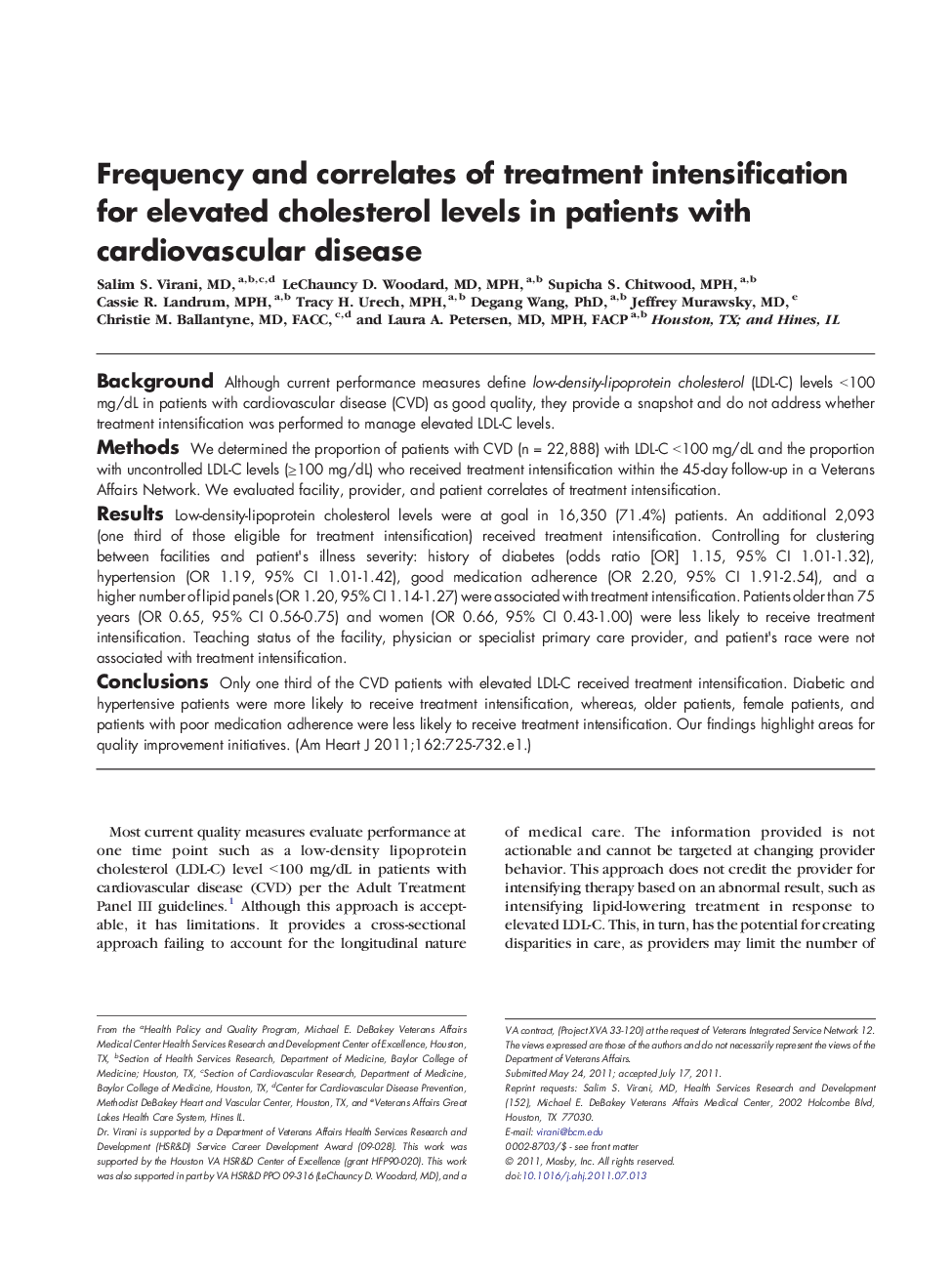 Frequency and correlates of treatment intensification for elevated cholesterol levels in patients with cardiovascular disease