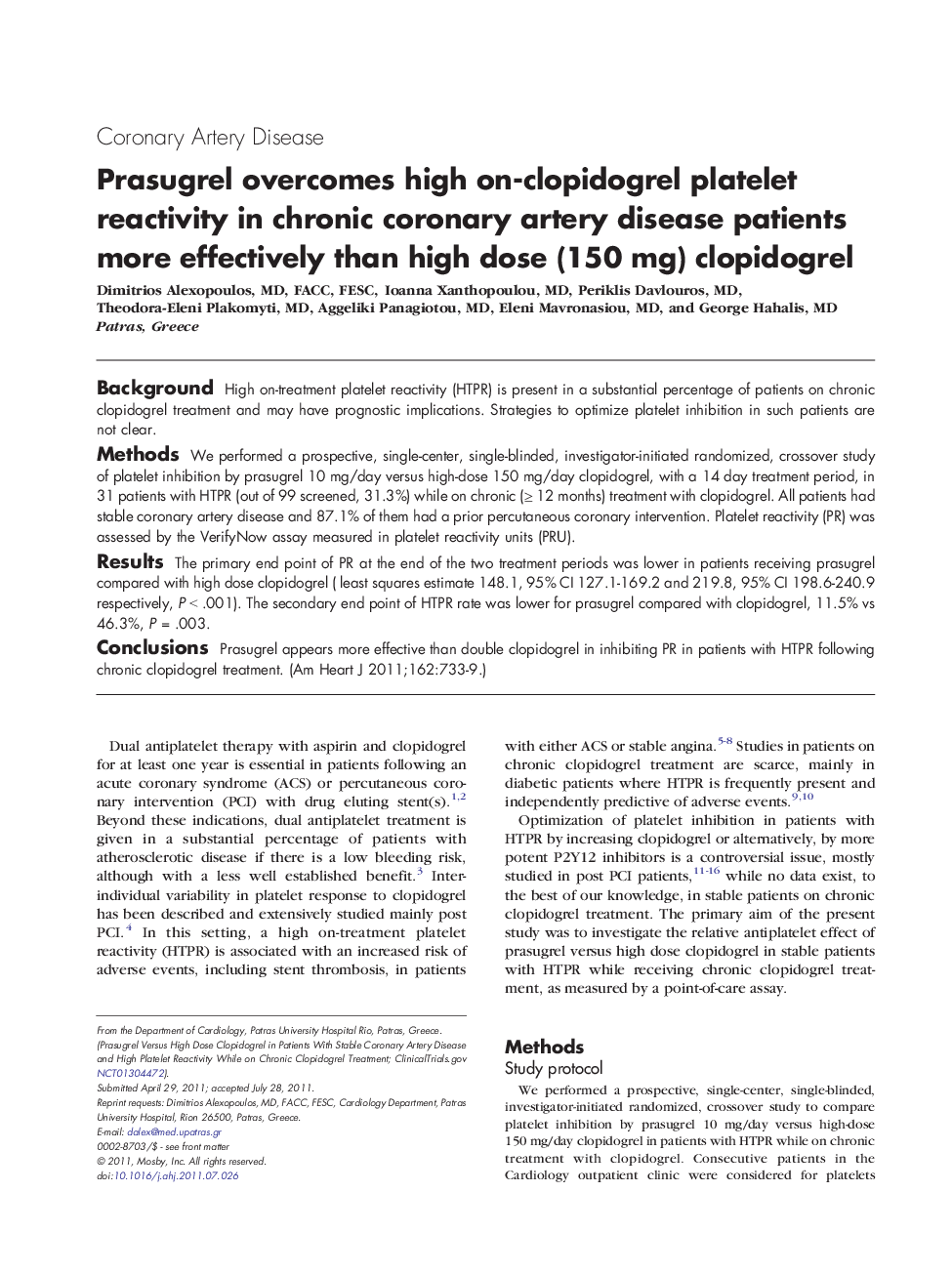 Prasugrel overcomes high on-clopidogrel platelet reactivity in chronic coronary artery disease patients more effectively than high dose (150 mg) clopidogrel 