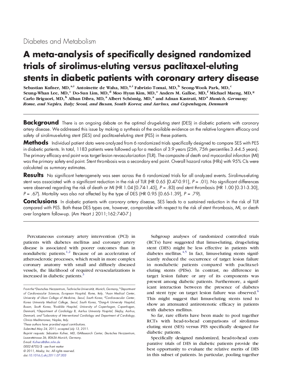 A meta-analysis of specifically designed randomized trials of sirolimus-eluting versus paclitaxel-eluting stents in diabetic patients with coronary artery disease