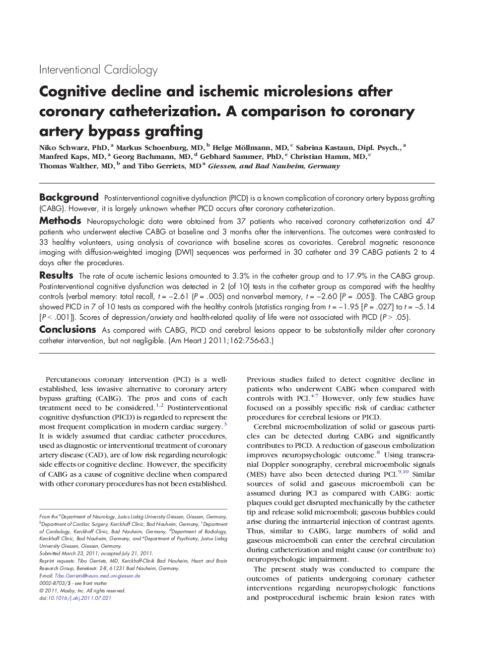 Cognitive decline and ischemic microlesions after coronary catheterization. A comparison to coronary artery bypass grafting