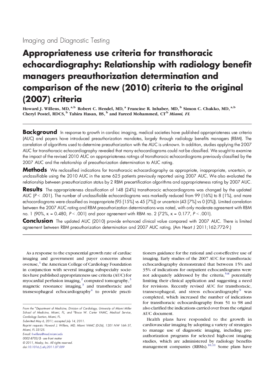 Appropriateness use criteria for transthoracic echocardiography: Relationship with radiology benefit managers preauthorization determination and comparison of the new (2010) criteria to the original (2007) criteria