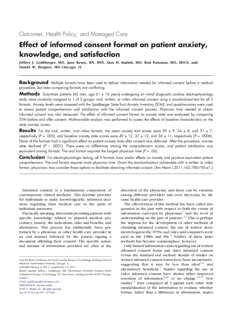 Effect of informed consent format on patient anxiety, knowledge, and satisfaction