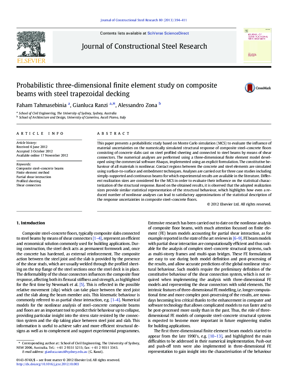 Probabilistic three-dimensional finite element study on composite beams with steel trapezoidal decking