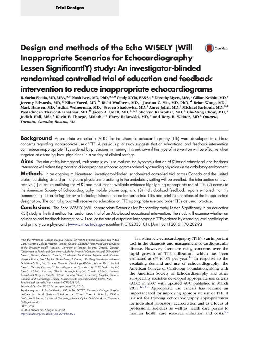 Design and methods of the Echo WISELY (Will Inappropriate Scenarios for Echocardiography Lessen SignificantlY) study: An investigator-blinded randomized controlled trial of education and feedback intervention to reduce inappropriate echocardiograms 