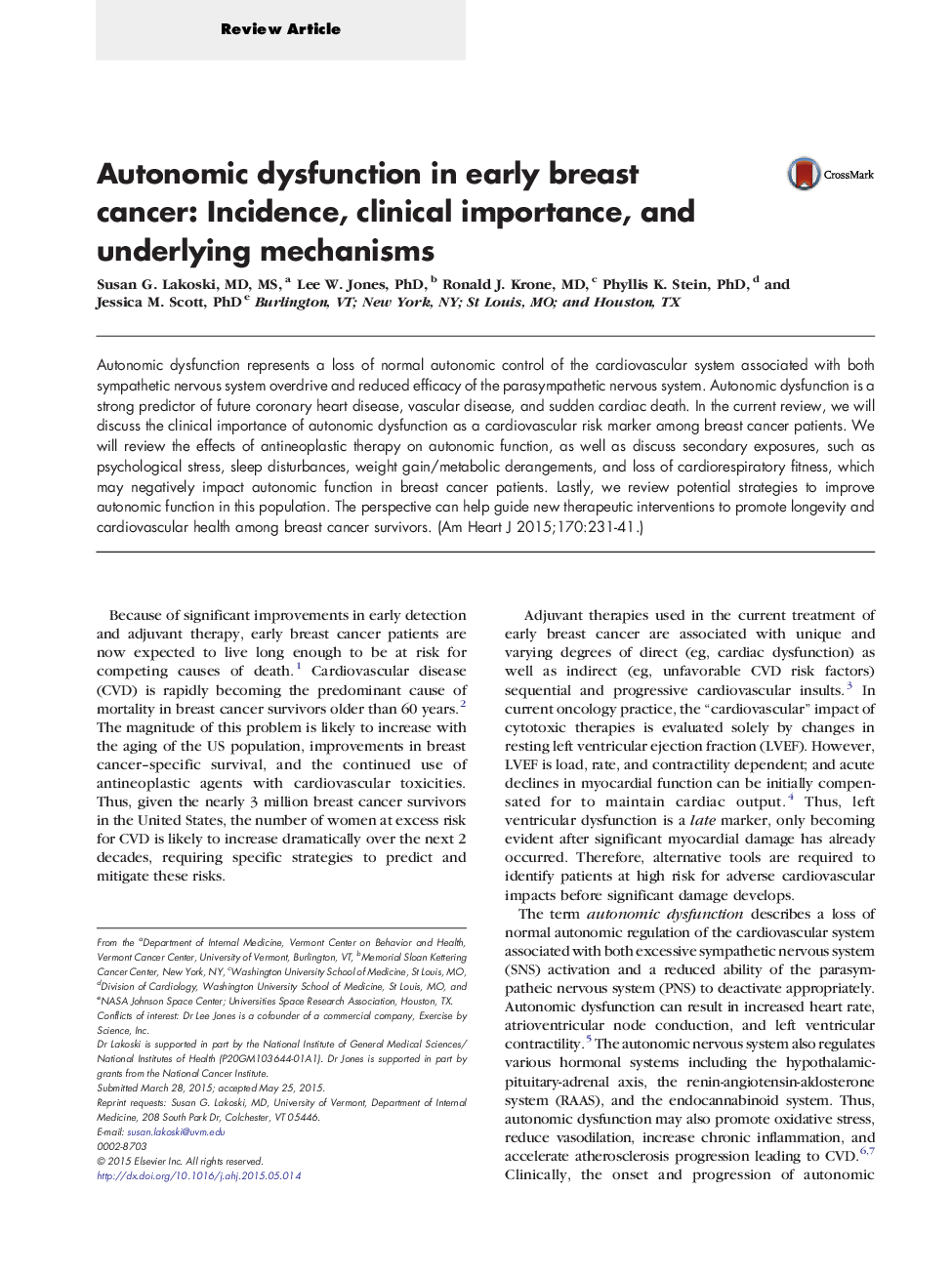 Autonomic dysfunction in early breast cancer: Incidence, clinical importance, and underlying mechanisms 