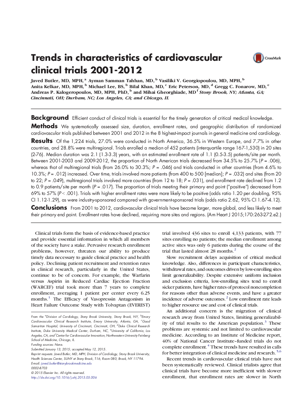 Trends in characteristics of cardiovascular clinical trials 2001-2012