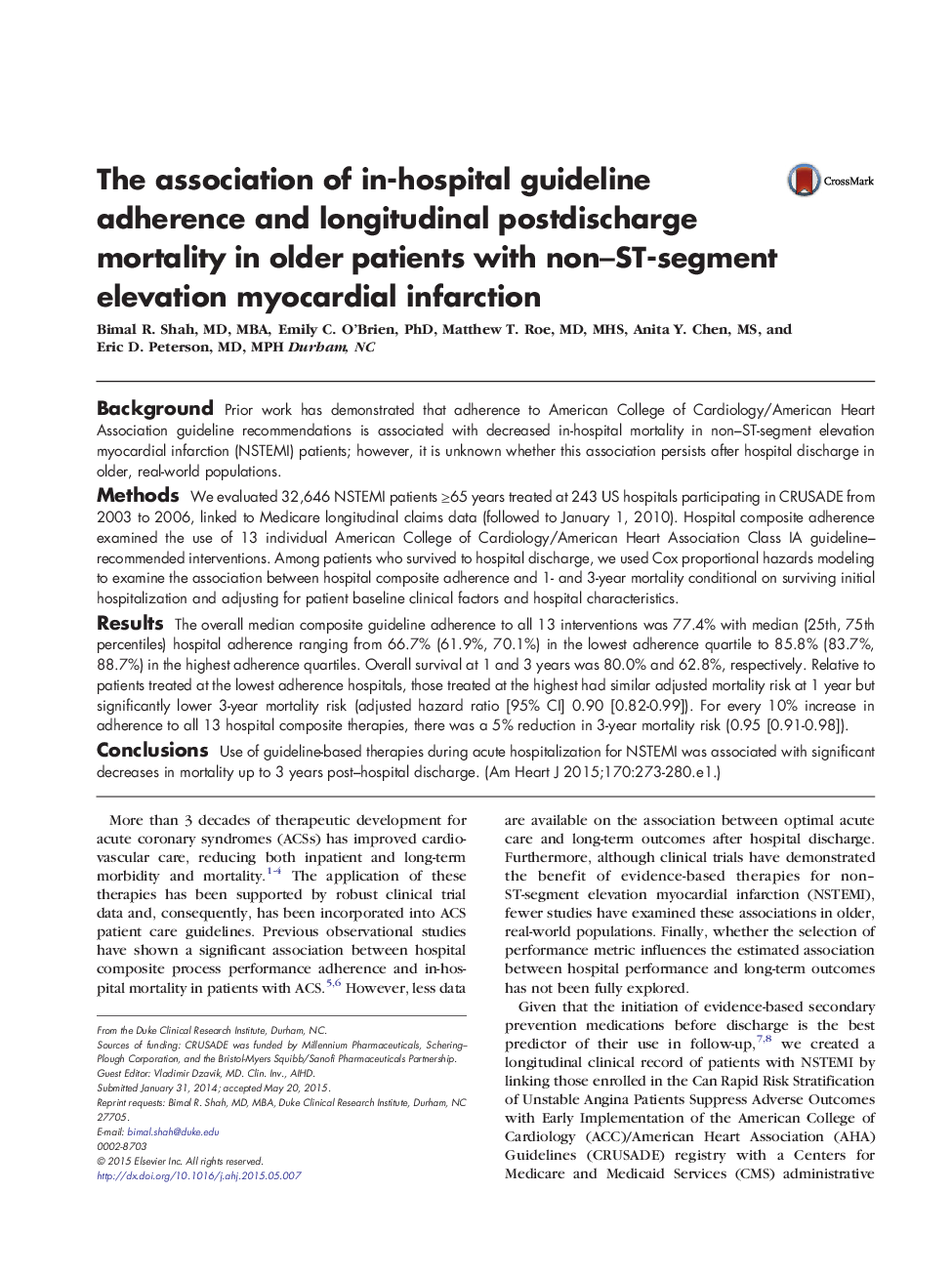 The association of in-hospital guideline adherence and longitudinal postdischarge mortality in older patients with non-ST-segment elevation myocardial infarction