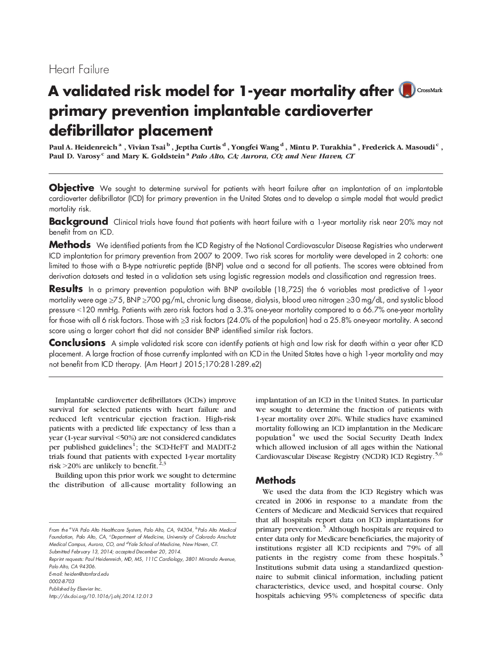 A validated risk model for 1-year mortality after primary prevention implantable cardioverter defibrillator placement