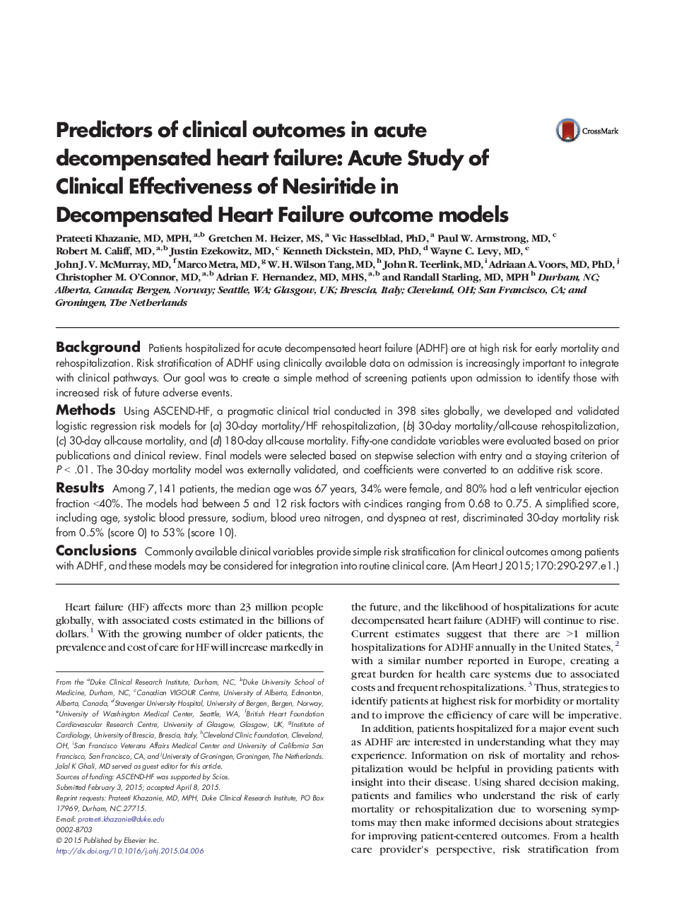 Predictors of clinical outcomes in acute decompensated heart failure: Acute Study of Clinical Effectiveness of Nesiritide in Decompensated Heart Failure outcome models