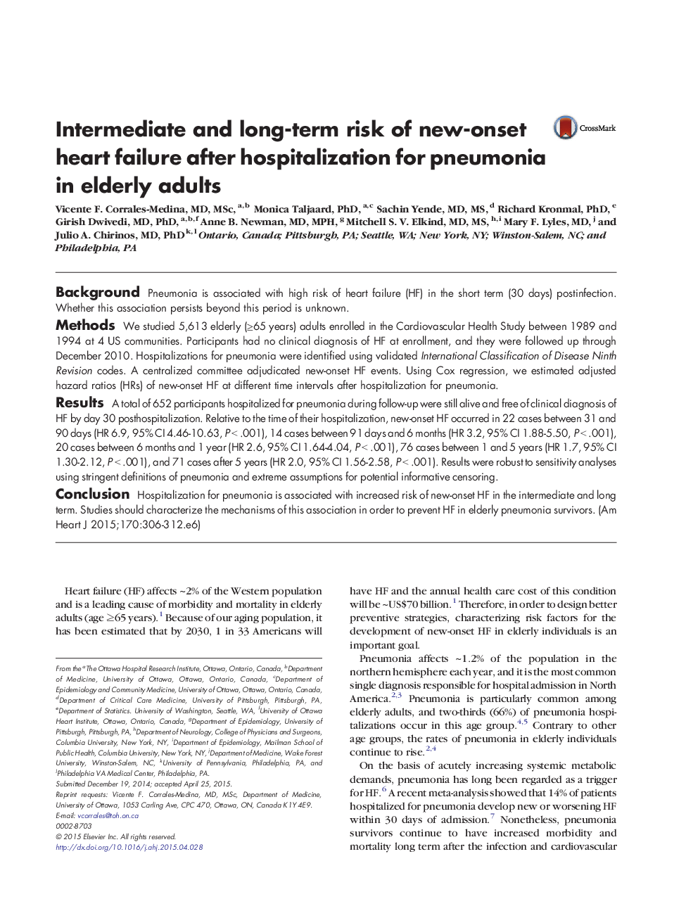 Intermediate and long-term risk of new-onset heart failure after hospitalization for pneumonia in elderly adults