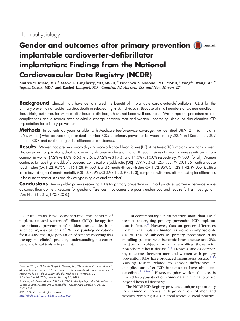 Gender and outcomes after primary prevention implantable cardioverter-defibrillator implantation: Findings from the National Cardiovascular Data Registry (NCDR)
